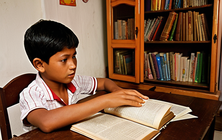 **
* **Prompt:** A young José Rizal, maybe 10 years old, being taught to read by his mother, Teodora Alonso Realonda, in the evening light of their home in Calamba, Philippines. Books and papers are scattered around, showcasing the importance of education in their family. The scene should evoke a sense of warmth and intellectual curiosity.
**