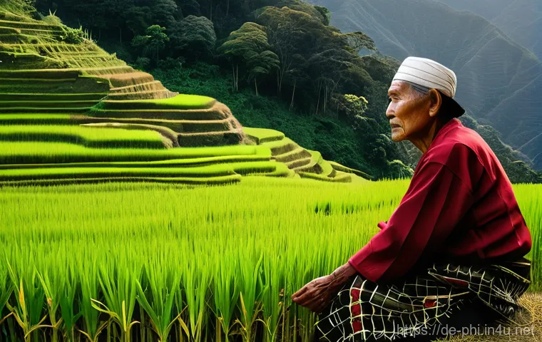 필리핀 원주민 부족 이야기 - **Prompt:** A serene and wise-looking elderly Igorot tribal leader, with a face showing years of exp...