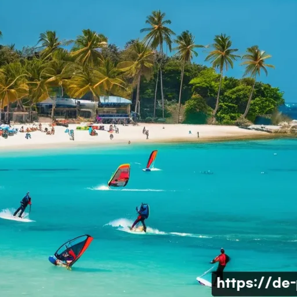 보라카이 화이트비치 여행 정보 - A vibrant scene of adventurous tourists engaging in kitesurfing and windsurfing on Boracay&rsquo;s turquoi...