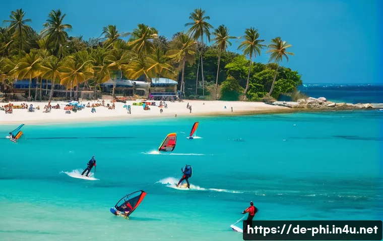 보라카이 화이트비치 여행 정보 - A vibrant scene of adventurous tourists engaging in kitesurfing and windsurfing on Boracay’s turquoi...