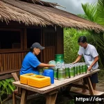 필리핀 재난 대비 매뉴얼 - A detailed scene of a Filipino family preparing an emergency kit for a typhoon inside a traditional ...