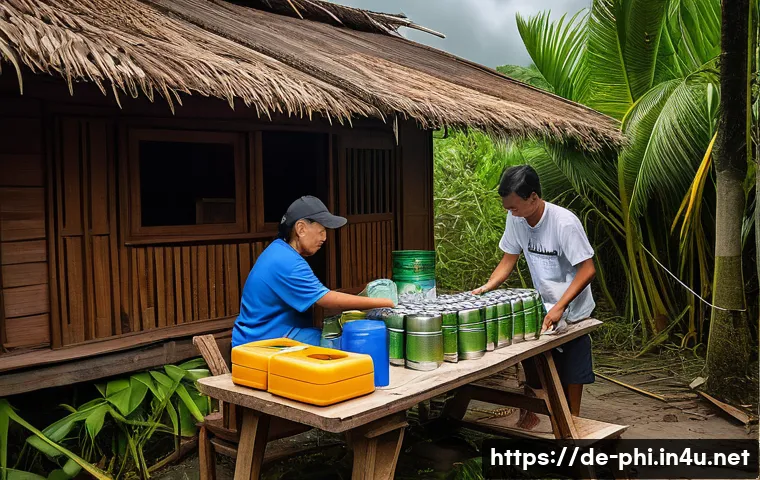 필리핀 재난 대비 매뉴얼 - A detailed scene of a Filipino family preparing an emergency kit for a typhoon inside a traditional ...