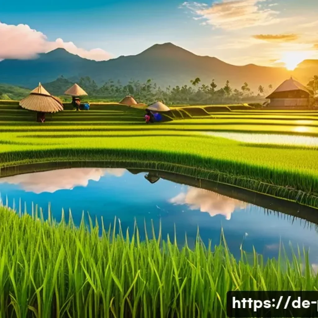 필리핀 농업과 주요 작물 - A vibrant rural Philippine rice terrace landscape during golden hour, showing farmers in traditional...