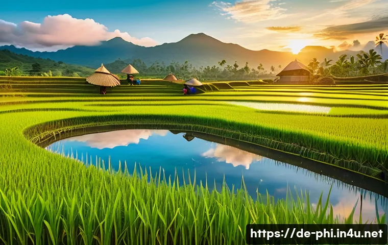 필리핀 농업과 주요 작물 - A vibrant rural Philippine rice terrace landscape during golden hour, showing farmers in traditional...