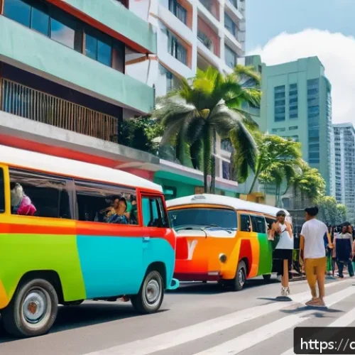 필리핀 소셜미디어 인기 트렌드 - A vibrant street scene in Manila featuring diverse young Filipino creators filming short TikTok danc...