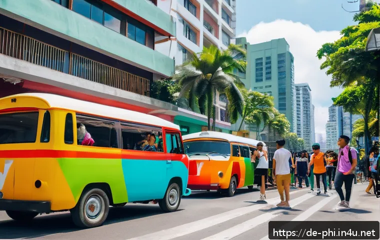 필리핀 소셜미디어 인기 트렌드 - A vibrant street scene in Manila featuring diverse young Filipino creators filming short TikTok danc...