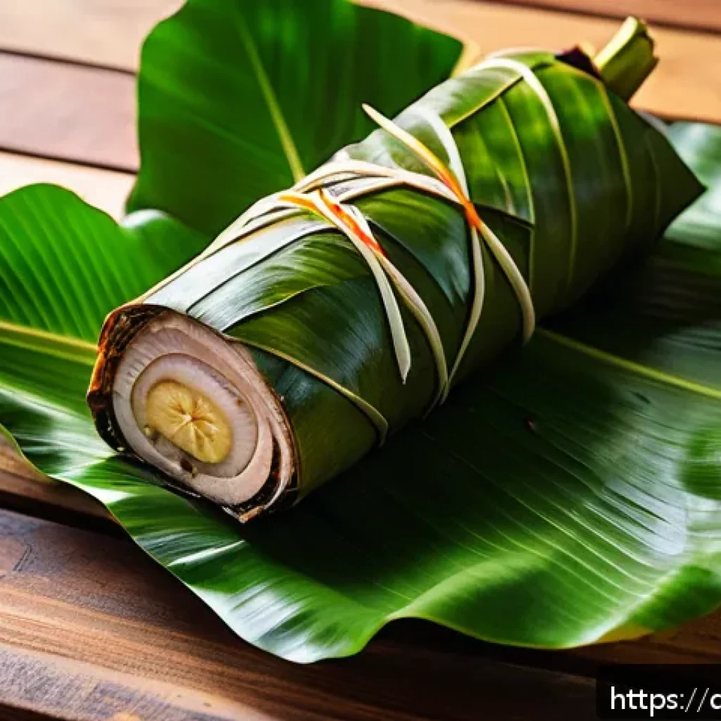 필리핀 바나나잎 요리 레촌 - A traditional Filipino Lechon whole roasted pig wrapped in vibrant green banana leaves, placed on a ...