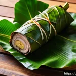 필리핀 바나나잎 요리 레촌 - A traditional Filipino Lechon whole roasted pig wrapped in vibrant green banana leaves, placed on a ...