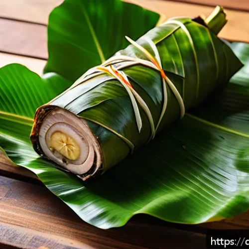 필리핀 바나나잎 요리 레촌 - A traditional Filipino Lechon whole roasted pig wrapped in vibrant green banana leaves, placed on a ...