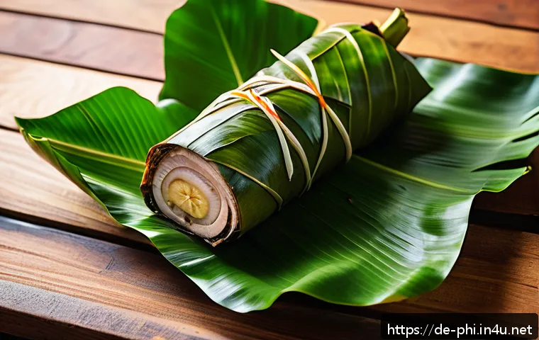 필리핀 바나나잎 요리 레촌 - A traditional Filipino Lechon whole roasted pig wrapped in vibrant green banana leaves, placed on a ...