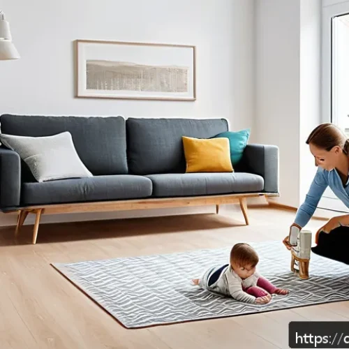필리핀 지진 안전 매뉴얼 - A modern German family practicing earthquake safety at home: a mother, father, and two children (one...