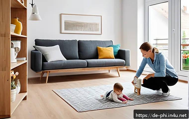 필리핀 지진 안전 매뉴얼 - A modern German family practicing earthquake safety at home: a mother, father, and two children (one...